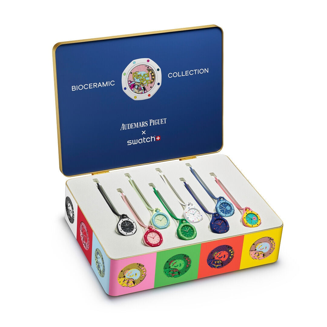 AP x Swatch Bioceramic Royal Pop pocket watch collection on display