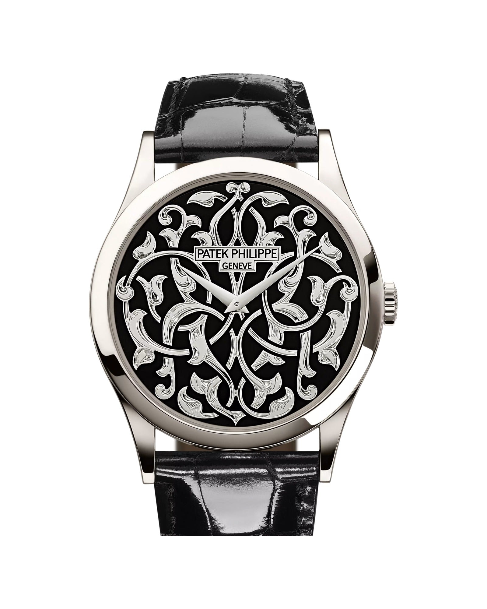 Patek Philippe Calatrava 5088/100P, front view with hand-engraved dial