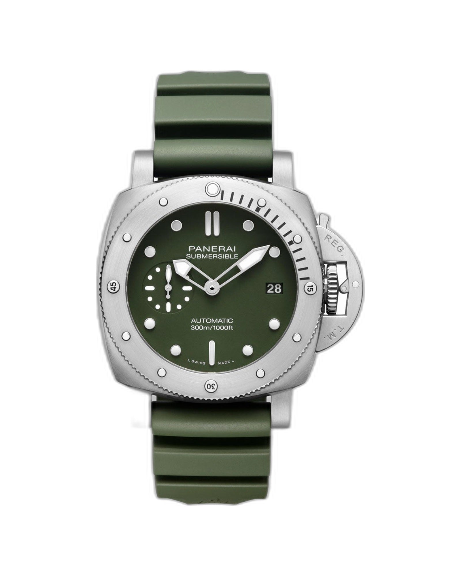 Panerai Submersible OP7291 Verde Militare green dial on green rubber strap, front view