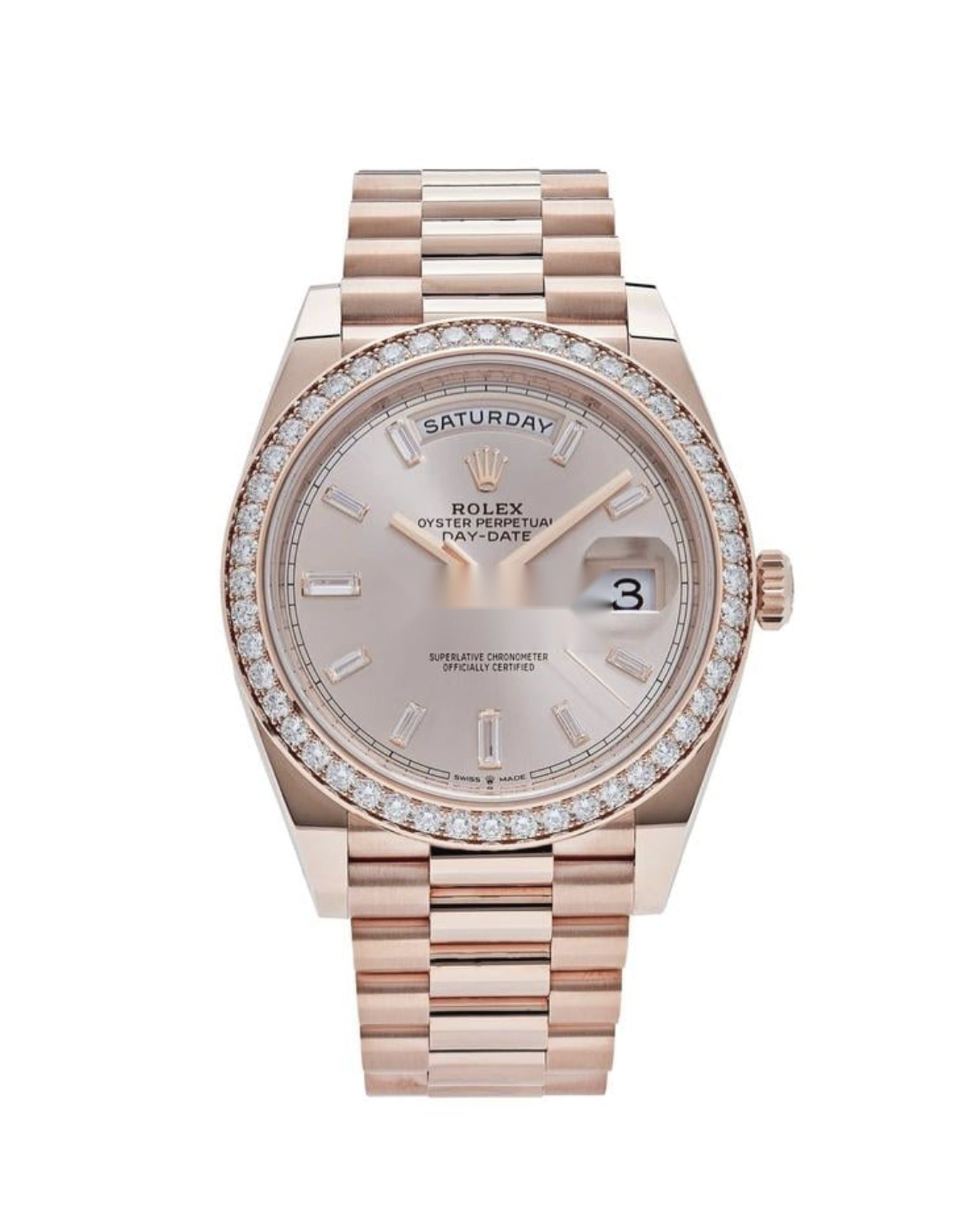 Rolex Day-Date 40 reference 228345RBR in 18k Everose gold with factory diamond bezel, baguette diamond hour markers, and sundust dial on President bracelet