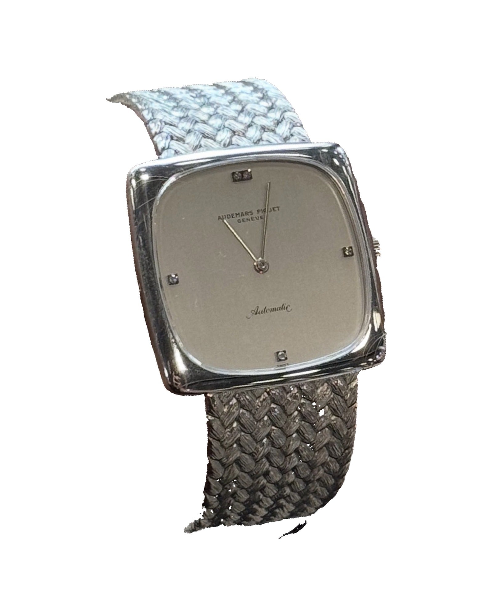 Audemars Piguet TV Screen 1974 in 18k white gold with woven white gold bracelet and diamond hour markers