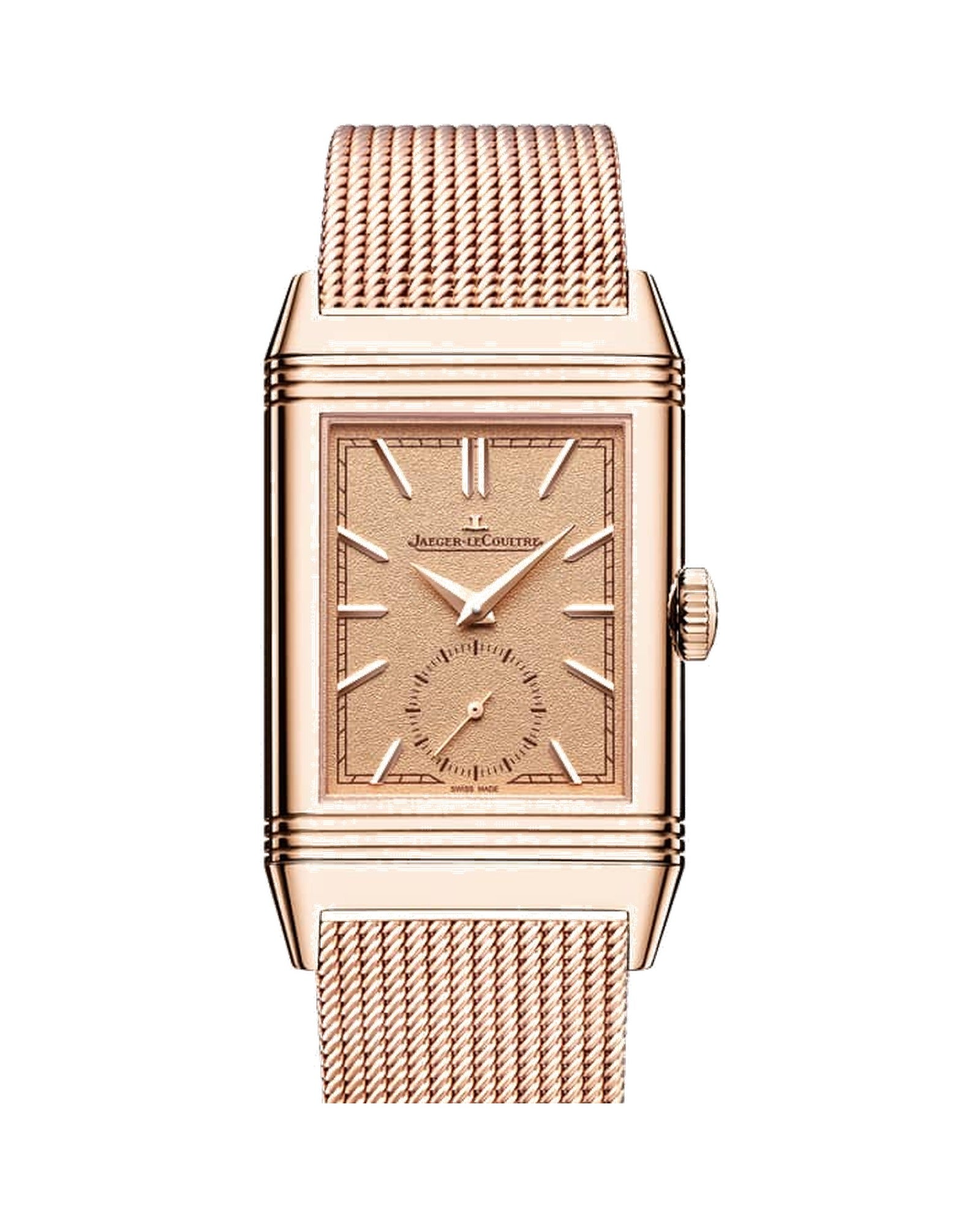 Jaeger-LeCoultre Reverso Q713216J Rose Gold, front view on rose gold mesh bracelet