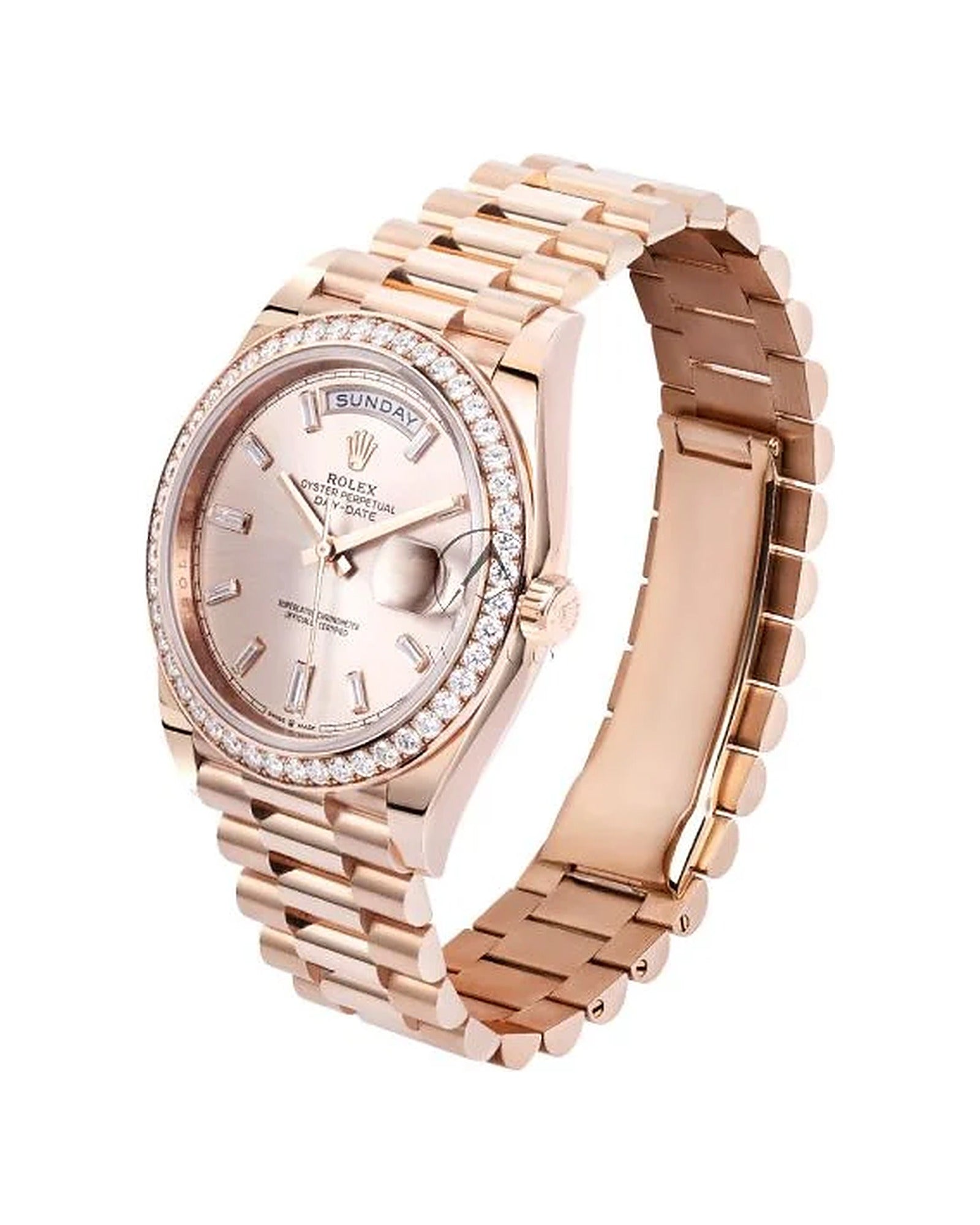 Rolex Day-Date 40 228345RBR profile view showing the Everose President bracelet detail