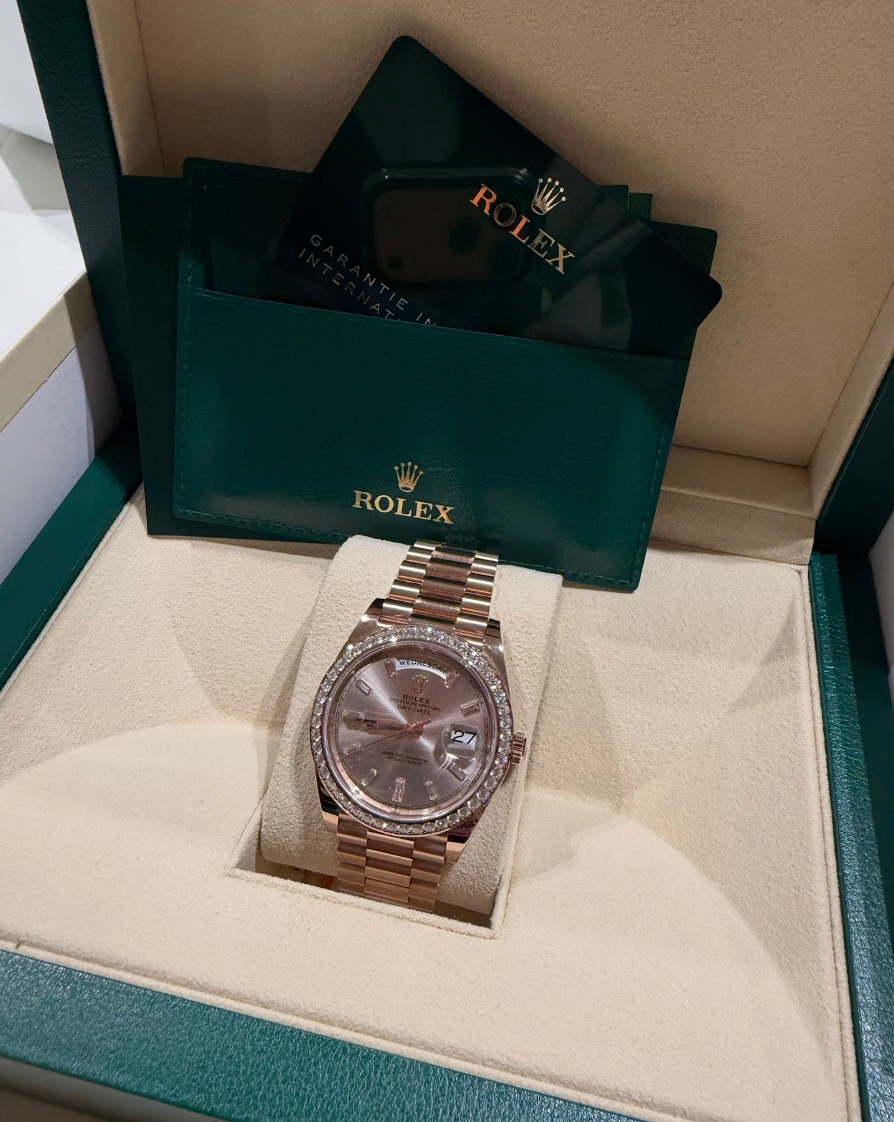 Rolex Day-Date 40 228345RBR in original Rolex box with green leather international warranty card holder