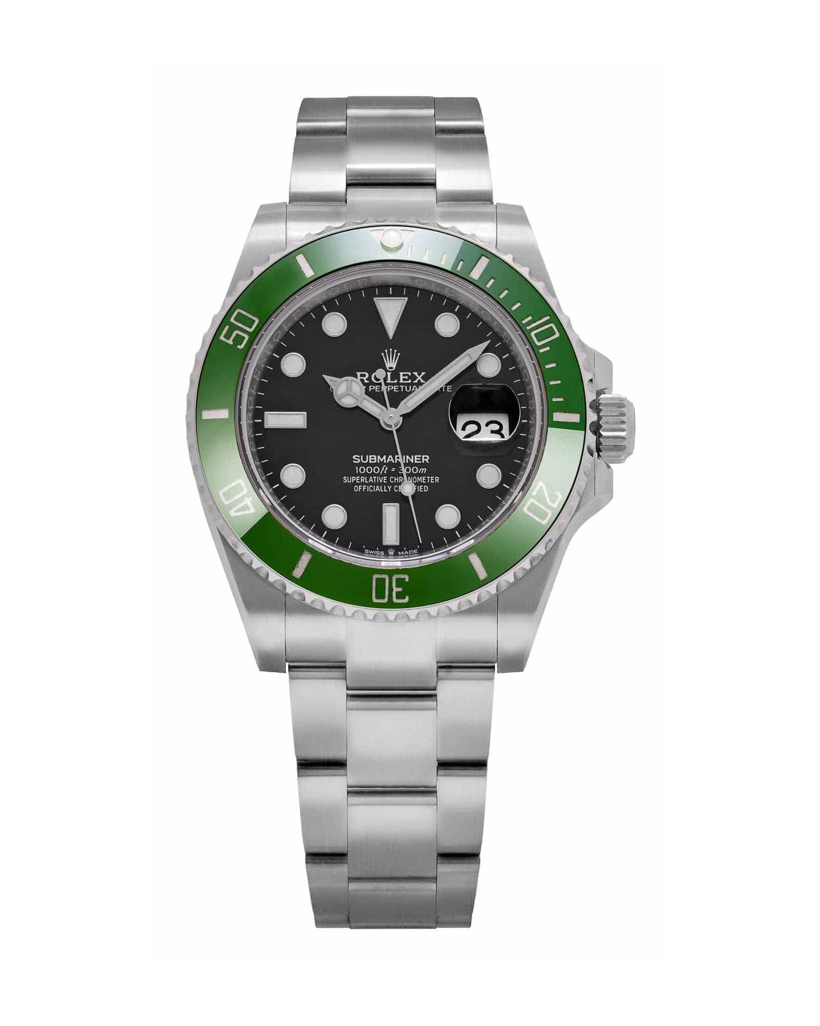 Rolex Submariner Date 126610LV green Cerachrom bezel black dial front view